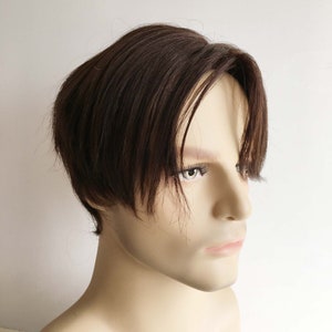 Men Dark Brown Real Human Hair Short Straight Side Part Curtain Bangs Wig