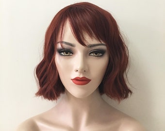 Women Auburn Red Tone Wavy Bob Short Fringe Bangs Side Part Short Hair Wig