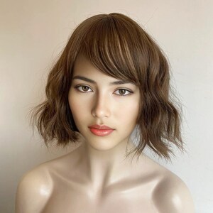 Dark Brown Curly Wig Short Bob Wig With Bangs Brown Women Wavy Water Wave Female Wig Natural Looking Glueless Wig