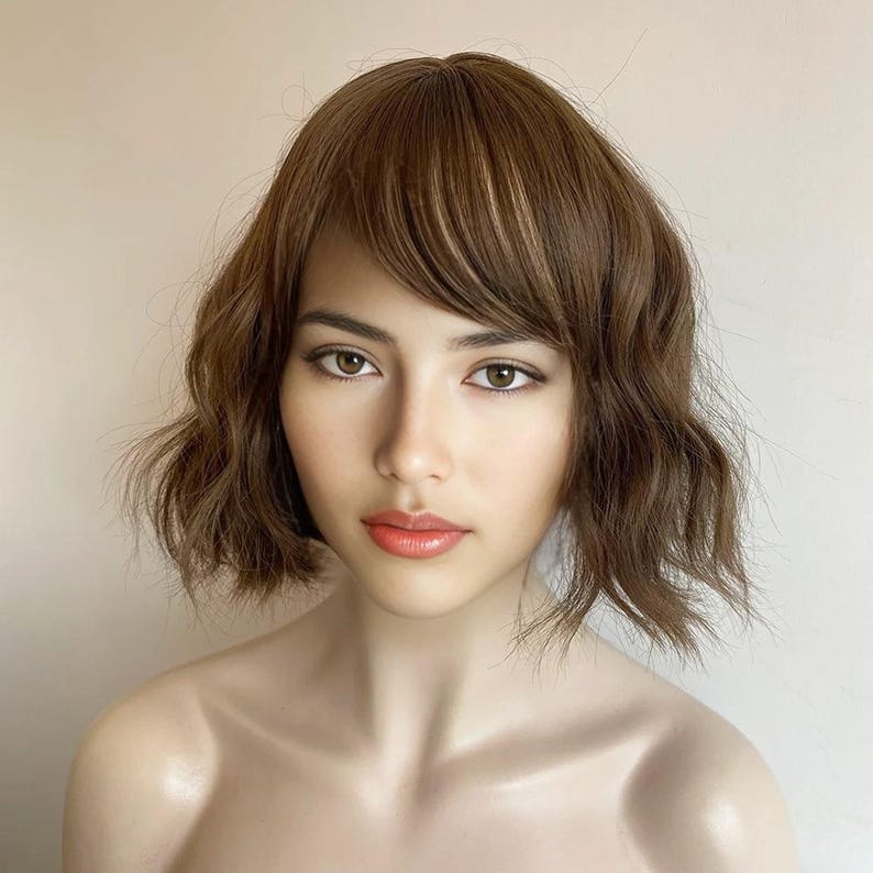 Dark Brown Curly Wig Short Bob Wig With Bangs Brown Women Wavy Water Wave Female Wig Natural Looking Glueless Wig