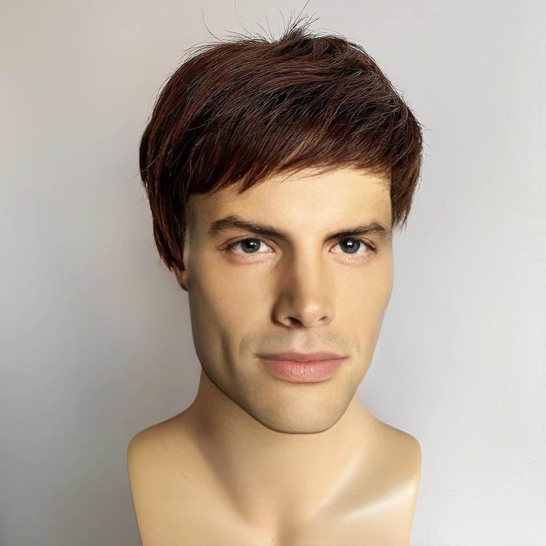 Men Dark Brown Wig Real Human Hair Wig With Flat Bangs Wig Natural Looking Short Straight Hair Male Alopecia Wig Cosplay Costume Wig