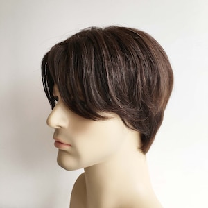 Men Dark Brown Real Human Hair Short Straight Side Part Curtain Bangs Wig