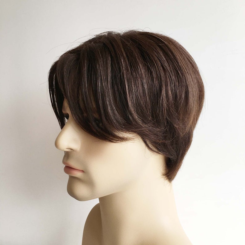 Men Dark Brown Real Human Hair Short Straight Side Part Curtain Bangs Wig