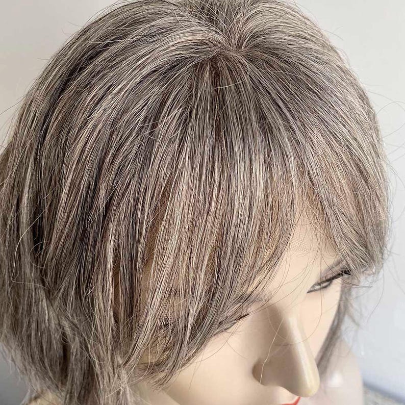 Grey Human Hair Wigs For Women Lace Front Wig With Bangs Gray Silver Salt And Pepper Wig Short Bob Slight Wavy Chemo Alopecia Wig