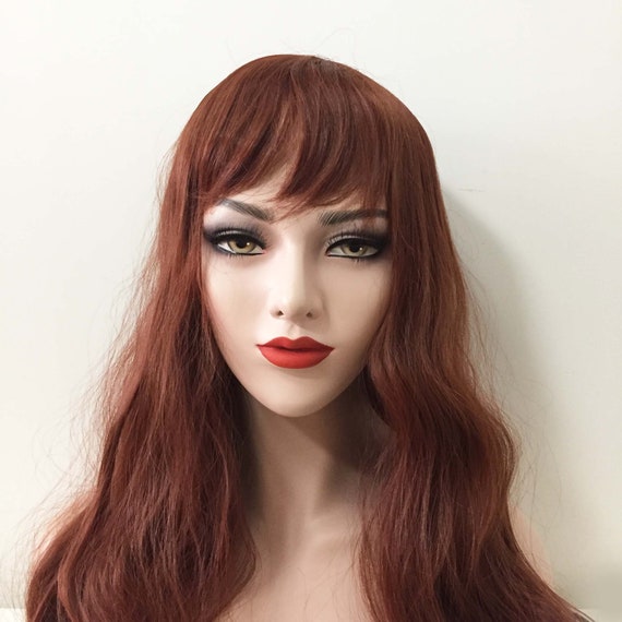 women auburn brown short fringe bangs long wavy curly wig with scalp