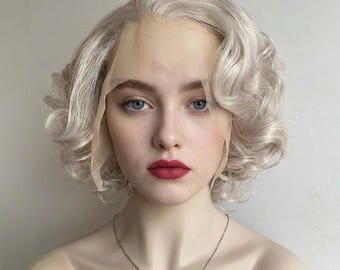 Silver Gray Hair Wig For Women Lace Front Short Curly Marilyn Style Widow's Peak