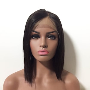 Black Human Hair Wig For Women Lace Front Wig Real Hair Natural Looking Wig Shoulder Length Straight Side Part Wig 12 Inches