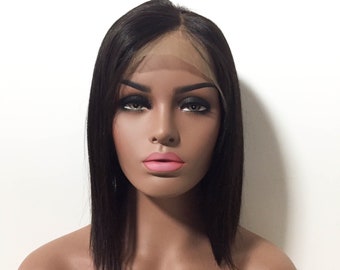 Black Human Hair Wig For Women Lace Front Wig Real Hair Natural Looking Wig Shoulder Length Straight Side Part Wig 12 Inches