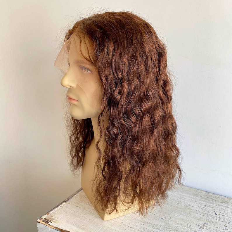 Men Human Hair Wig Dark Brown Lace Front Wig For Male Curly Long Real Hair Wig Middle Part Cosplay Wig Thick Realistic 13X6 Lace Wig 14 In