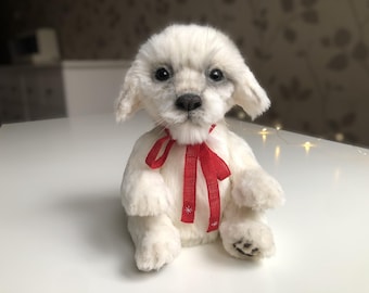手作りマルチーズの子犬ぬいぐるみ：ポーズが取れるモヘア製テディ