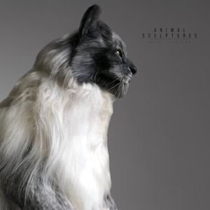 May include: A realistic sculpture of a cat with long, white fur and a black head. The cat is looking to the right and has a serious expression. The sculpture is made of a material that looks like fur.