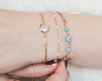 Dainty bracelet set, minimalist stack of bracelets with faceted stones and evil eye, gold, pink and turquoise