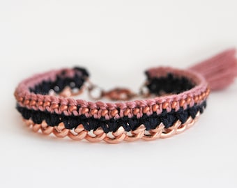 Rose gold and navy bracelet with tassel charm, dusty pink tassel bracelet with beads and chunky chain, boho bracelet