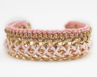 Bracciale rosa polveroso con catena grossa, bracciale boho, bracciale rosa rosa con perline