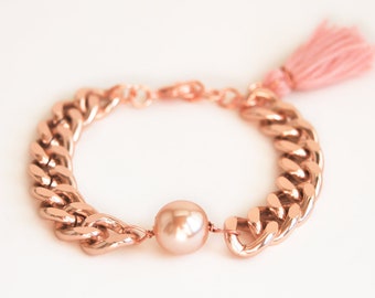 Rose gold chunky chain bracelet with glass pearl bead, pink tassel bracelet, arm candy bracelet for stacking