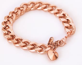 Rose gold chunky chain bracelet with crystal heart charm, chunky jewelry, non tarnish