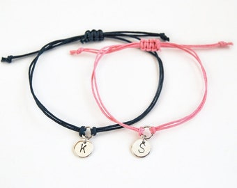 Personalized couple bracelet set, couple gift set, his her initial bracelet set in navy and pink, hand stamped