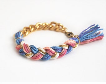 Braided bracelet with chunky chain in pink and blue, cute hippie bracelet, chunky chain bracelet