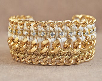 Gold and beige luxe bracelet with chunky chain and rhinestones, crochet bracelet