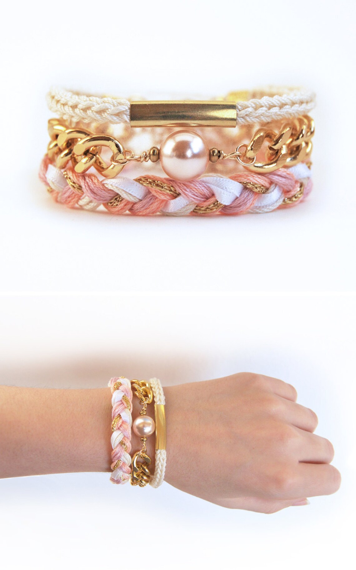Pink Bracelet Stack With Chunky Chain, Romantic Braided Bracelet Set