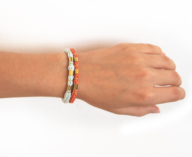 Coral Tassel Boho Bracelet, Knit Bracelet With Tassel Charm, Coral