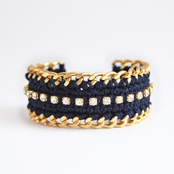 Navy blue bracelet, crochet bracelet with rhinestones, chunky chain bracelet, wide statement bracelet