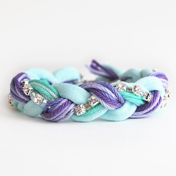 Friendship bracelet, lilac and mint bracelet with rhinestone chain, purple and mint braided bracelet