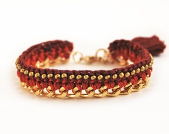 Marsala tassel bracelet, dark red bracelet with chunky chain, burgundy beaded bracelet