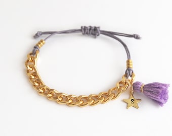 Personalized teen bracelet with chain and tassel, violet bracelet, initial bracelet, hand stamped initial star charm, gift for girls