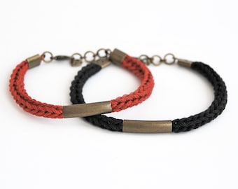 Couple bracelet set, black and red knit bracelet with antique tube, his her bracelet set, friendship bracelets