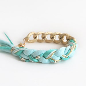 Mint bracelet with chunky chain, mint bohemian braided bracelet, chunky chain bracelet, ethno bracelet image 1