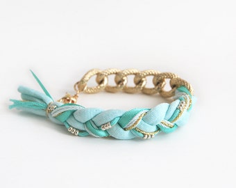 Mint bracelet with chunky chain, mint bohemian braided bracelet, chunky chain bracelet, ethno bracelet