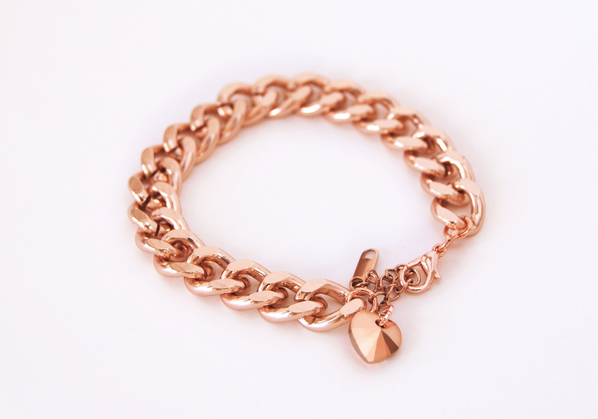 Rose gold chunky chain bracelet with crystal heart charm Etsy