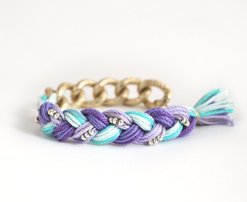 Purple and Mint Bracelet With Chunky Chain, Boho Bracelet, Braid