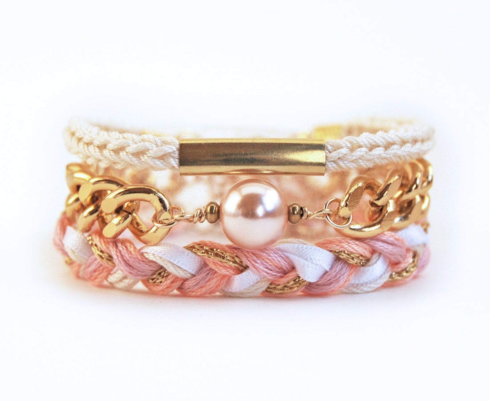Pink Bracelet Stack With Chunky Chain, Romantic Braided Bracelet Set