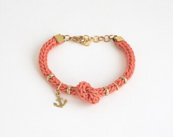 Koralle Baumwollkordel Armband, nautische Knoten, Gold Anker Anhänger