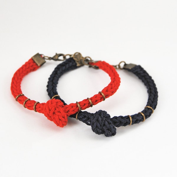 Red and blue couple bracelet set with knot and rings, his her bracelet set in red and navy blue
