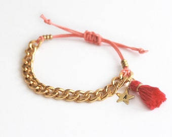 Rosa bracciale personalizzato, iniziale Bracciale con catena e nappa, mano timbrato fascino iniziale, regali per ragazze adolescenti