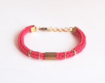 Neon pink bracelet with tube, knit cord bracelet for stacking, cotton and brass