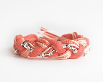 Coral friendship bracelet, teen bracelet with rhinestone chain, jersey braided bracelet, gift for teen girls