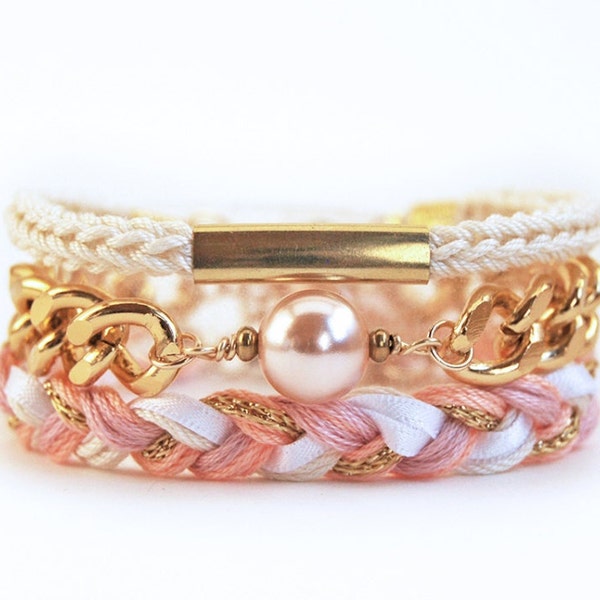 Roze stapel armbanden met dikke ketting, romantische gevlochten armbandenset, driedelige set armbanden om te stapelen