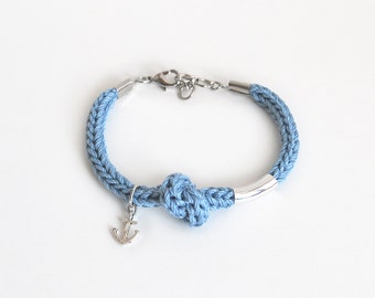 Blue anchor bracelet, nautical bracelet with knot, knit rope bracelet, hope and stability, gift for friend