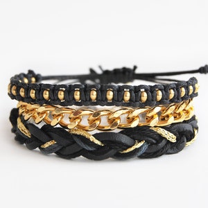 Black bracelet set, black arm candy, set of three bracelets, black and gold bracelet stack