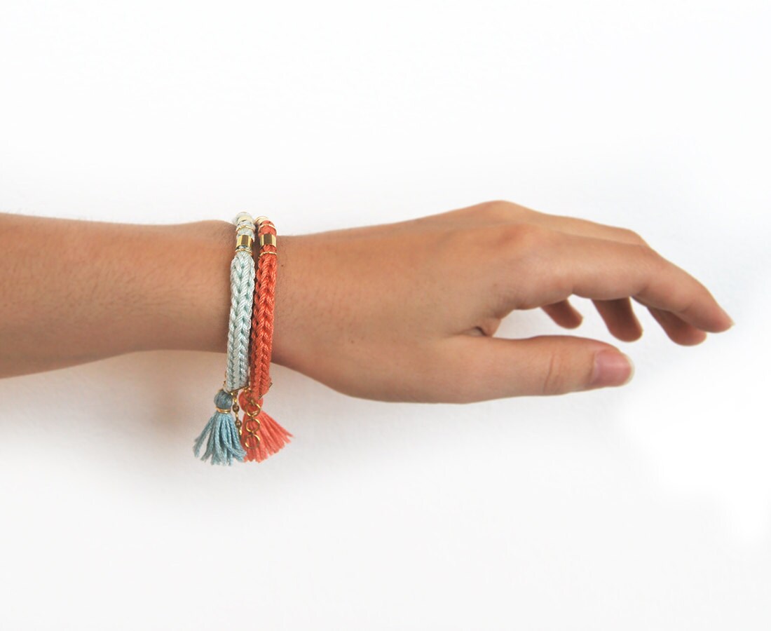 Coral Tassel Boho Bracelet Knit Bracelet With Tassel Charm Etsy