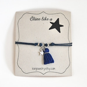 Auguro Bracciale con nappa fascino, stelle bracciale, braccialetto di amicizia, inspirational regalo per lei, braccialetto blu scuro navy
