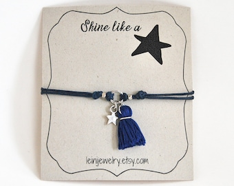 Wish bracelet with tassel charm, star bracelet, friendship bracelet, inspirational gift for her, navy dark blue bracelet