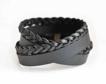 Braided wrap bracelet, faux leather bracelet, black wrap bracelet, unisex bracelet