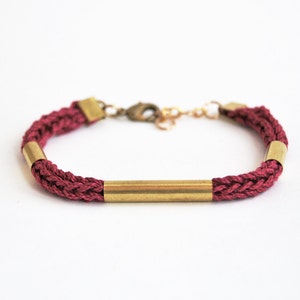Cord bracelet with tubes, knit bracelet, minimalistic stackable bracelet, fuchsia pink / plum and gold