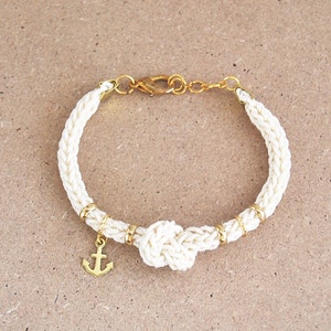 Nautical Cream Knit Bracelet with Gold Anchor Charm