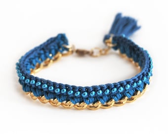 Teal nappa braccialetto, bracciale all'uncinetto con perline, boho Bracciale con grossa catena